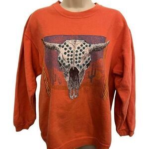 Vintage Top Threads Southwestern Skull Orange Crewneck. Size Medium